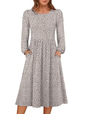 Women Long Sleeve Midi Dress Crewneck 2025 Fall Fashion Casual Flowy A-Line Long Dresses Vacation Outfit with Pocket