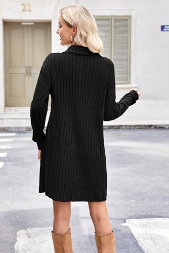 Women's Casual Long Sleeve Fall Dresses V Neck Ribbed Knit Lightweight Sweater Dress with Zippers