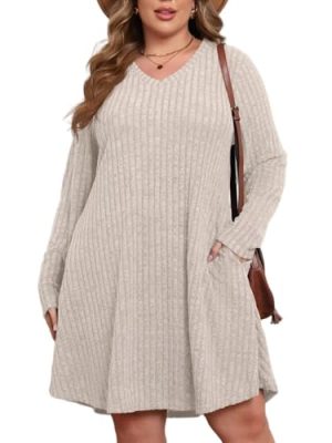Plus Size Sweater Dress for Women Tshirt Fall Dresses Winter V Neck Long Sleeve Pockets Casual Party Loose Fit
