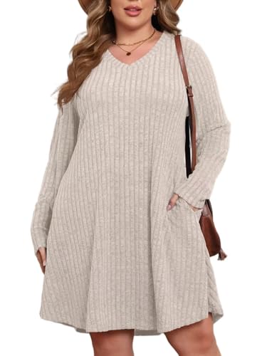 Plus Size Sweater Dress for Women Tshirt Fall Dresses Winter V Neck Long Sleeve Pockets Casual Party Loose Fit