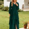 Womens Flowy Maxi Dress Chiffon Long Sleeve Slit V Neck Casual Ruffle Tiered Boho Fall Wedding Guest Long Dress