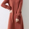 Women's Puff Sleeve Merino Wool Mock Neck Pullover Long Sweater Cashmere Dress for Fall Winter