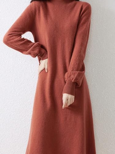 Women's Puff Sleeve Merino Wool Mock Neck Pullover Long Sweater Cashmere Dress for Fall Winter
