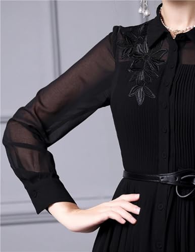 Women Embroidered Lapel Shirt Dress Lace-Up Long Sleeve Midi Dress