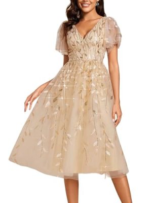 Women's Elegant A Line Embroidery Short Sleeves Midi Sequin Formal Cocktail Wedding Guest Dress 02230