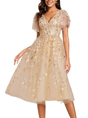 Women's Elegant A Line Embroidery Short Sleeves Midi Sequin Formal Cocktail Wedding Guest Dress 02230