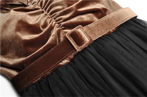 Women Long Sleeve Patchwork Bow Velour Mesh Crewneck Party Dress