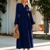 Womens Long Sleeve Fall Long Dress Swiss Dot Maxi Wedding Guset Dress Boho V Neck Casual Dress with Pockets