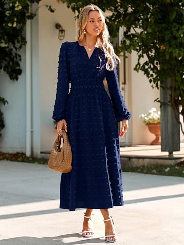 Womens Long Sleeve Fall Long Dress Swiss Dot Maxi Wedding Guset Dress Boho V Neck Casual Dress with Pockets