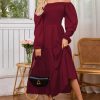 Womens Casual Fall Dress Puff Long Sleeve Square Neck A Line Flowy Long Dresses