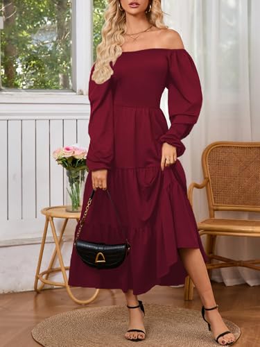 Womens Casual Fall Dress Puff Long Sleeve Square Neck A Line Flowy Long Dresses