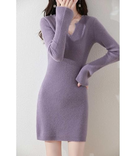 - Wool Sweater Dress Women's Trumpet Sleeve Slim Tight Knitted V Neck Pullover Fall Winter Mid-Long Tops