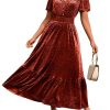 Womens Fall Velvet Dress Short Sleeve V Neck Floral Maxi Dress Long Formal Winter Wedding Guest Dresses