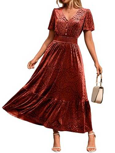 Womens Fall Velvet Dress Short Sleeve V Neck Floral Maxi Dress Long Formal Winter Wedding Guest Dresses