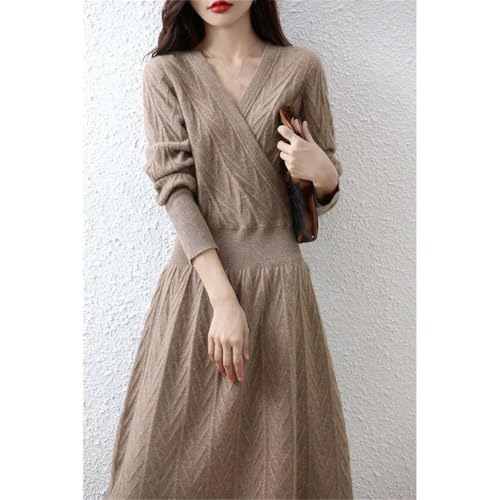 Women's Cashmere V-Neck Long Sleeve Thick Knitted Dress Merino Wool A-Line Dress for Winter