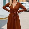 Womens 2025 Fall Dresses Teacher Church Business Casual Work Outfits Knit Midi Sweater Pockets Belt Dress