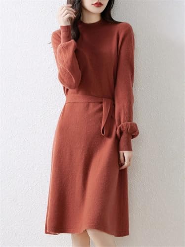 Women's Puff Sleeve Merino Wool Mock Neck Pullover Long Sweater Cashmere Dress for Fall Winter