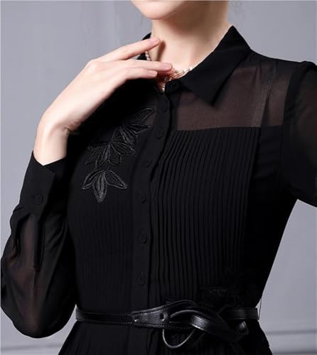 Women Embroidered Lapel Shirt Dress Lace-Up Long Sleeve Midi Dress