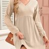 Womens Fall Dresses 2025 Casual V-Neck Long Sleeve Empire Waist Waffle Knit Mini Dress with Pockets