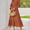 Women Fall Maxi Dresses 2025 Long Sleeve V Neck Swiss Dots High Waisted A-Line Ruffle Boho Long Dress Vacation