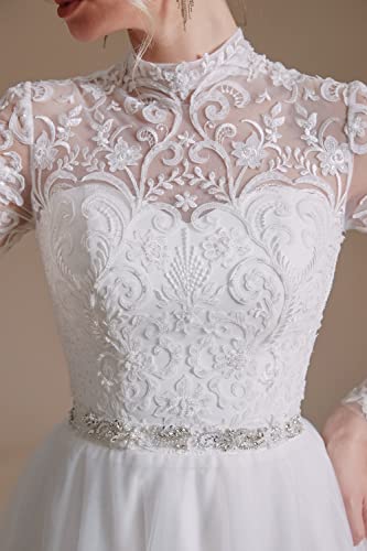 Women's Long Sleeves A-line Beaded Applique Tulle Wedding Dress