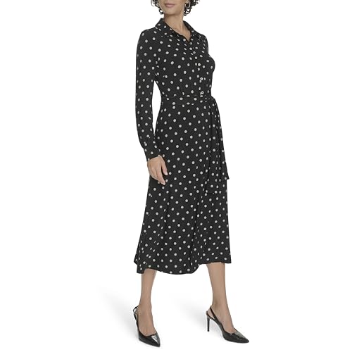 Women's Long Sleeves Collared Dot Jersey Shirtdress