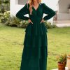 Womens Flowy Maxi Dress Chiffon Long Sleeve Slit V Neck Casual Ruffle Tiered Boho Fall Wedding Guest Long Dress
