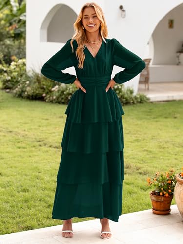 Womens Flowy Maxi Dress Chiffon Long Sleeve Slit V Neck Casual Ruffle Tiered Boho Fall Wedding Guest Long Dress