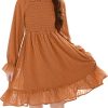 Girls Long Sleeve Dress with Puff Sleeves & Ruffle Hem, Christmas Holiday Party Dress for Fall Winter, Sizes 6-15