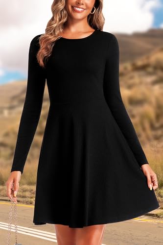 Fall Dresses for Women 2025 Long Sleeve Ribbed Knit A-Line Flowy Casual Wedding Guest Dresses Fashion Clothes