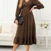 Womens 2024 Wrap V-Neck Twist Knot Long Sleeve Empire Waist Midi Maxi Dress A-Line Ruched Flowy Dress with Pockets