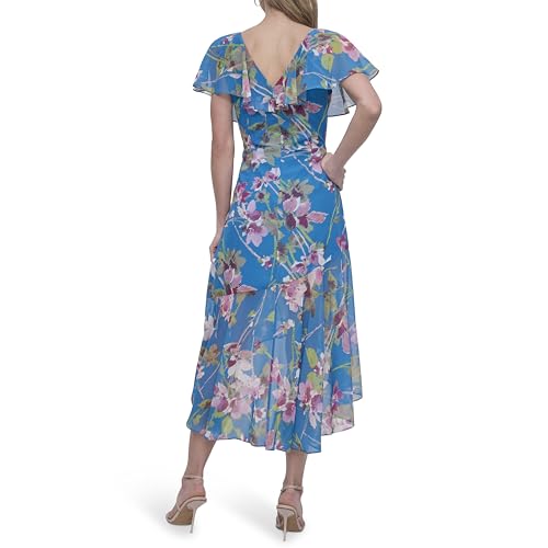 Women's Short Flutter Sleeve V-Neck High Low Hem Ruffle Dress