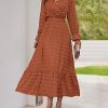 Women Fall Maxi Dresses 2025 Long Sleeve V Neck Swiss Dots High Waisted A-Line Ruffle Boho Long Dress Vacation