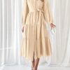 Womens Dresses 2025 Fall Long Sleeve Midi Dress Casual V Neck Button Down Tiered Flowy Aline Tie Waist Shirt Dress