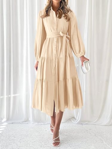 Womens Dresses 2025 Fall Long Sleeve Midi Dress Casual V Neck Button Down Tiered Flowy Aline Tie Waist Shirt Dress