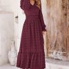Women Maxi Dress 2025 Fall Long Sleeve V Neck Swiss Dot Boho Smocked High Waisted A-Line Tiered Flowy Long Dresses