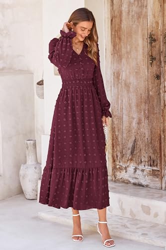 Women Maxi Dress 2025 Fall Long Sleeve V Neck Swiss Dot Boho Smocked High Waisted A-Line Tiered Flowy Long Dresses