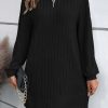 Women's Casual Long Sleeve Fall Dresses V Neck Ribbed Knit Lightweight Sweater Dress with Zippers