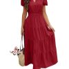 Summer Maxi Dress for Women Casual Flowy V Neck Short Sleeve A Line Empire Waist Tiered Long Dresses with Pockets