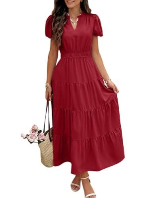 Summer Maxi Dress for Women Casual Flowy V Neck Short Sleeve A Line Empire Waist Tiered Long Dresses with Pockets