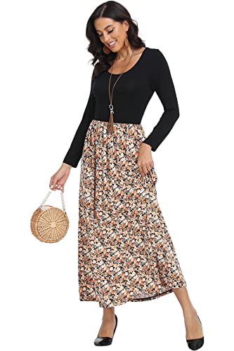 Women's Long Sleeves Maxi Dress Plain Empire Waist Casual Dress Loose Fall/Winter Dresses with Pockets