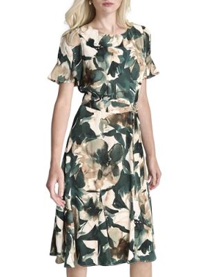 Womens Flutter Sleeve Round Neck Waist Tie Midi Dress