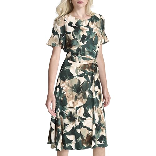 Womens Flutter Sleeve Round Neck Waist Tie Midi Dress