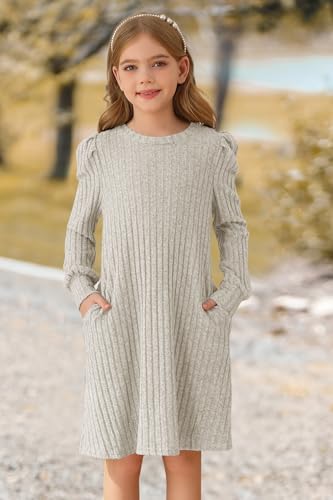 Girls Fall Knit Dress Crew Neck Puff Long Sleeve Casual Tunic Dresses with Pockets 6-12 Y