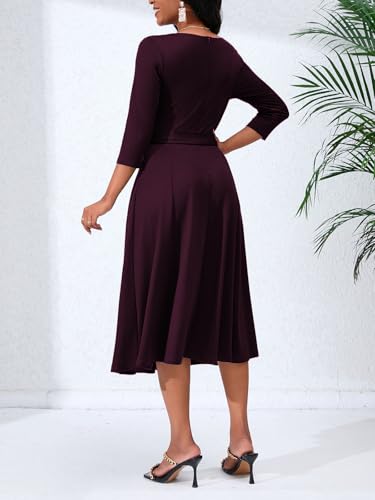 Women's Caual Midi Dress 3/4 Sleeve Crewneck A-line Swing Dress for Women with Belt for Wedding Guest & Cocktail Party