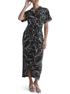 Women's Short Sleeve Collared Neck Midi Dress Shirtdress with Removable Belt