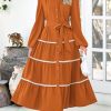 Womens Casual Dresses Loose Belted Long Lantern Sleeve Tiered Button Down Maxi Shirt Dress with Pockets