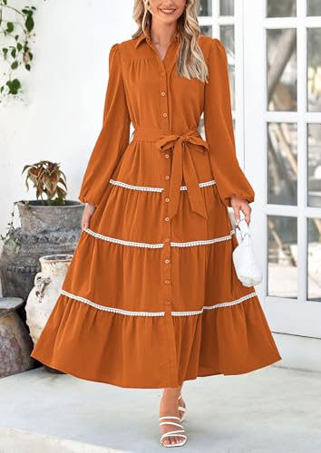 Womens Casual Dresses Loose Belted Long Lantern Sleeve Tiered Button Down Maxi Shirt Dress with Pockets
