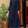 Fall Dresses for Women 2025 Long Sleeve Smocked Square Neck Swiss Dot Tiered Flowy Wedding Guest Maxi Dress