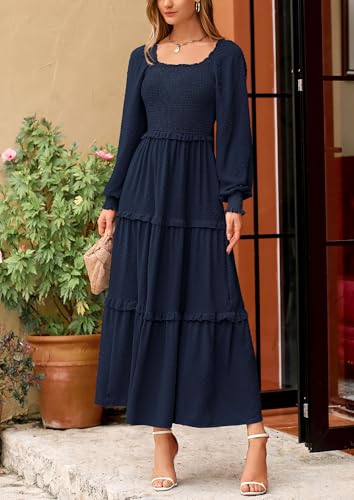 Fall Dresses for Women 2025 Long Sleeve Smocked Square Neck Swiss Dot Tiered Flowy Wedding Guest Maxi Dress